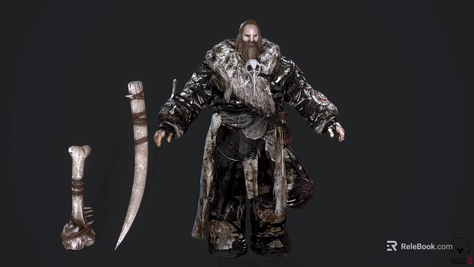 Dark Fantasy Game Movie Character Bearded Warrior With Armored Fur Cloak And Bone Sword 3d model 