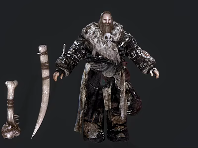 Dark Fantasy Game Movie Character Bearded Warrior With Armored Fur Cloak And Bone Sword 3d model