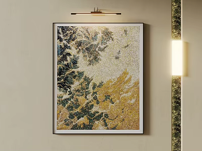 Modern Abstract Painting with Gold and Green Tones Framed on Beige Wall with Wall Light 3d model
