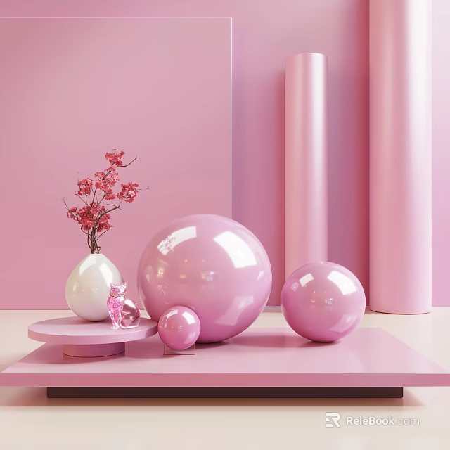 Pink Themed Decorative Set With Spheres Vase And Flower Decor For Home Decoration 3d model 