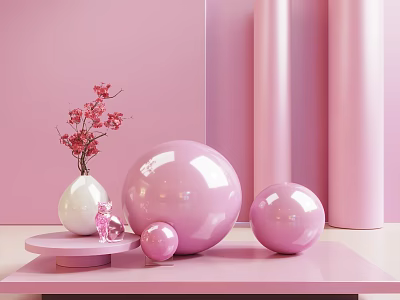 Pink Themed Decorative Set With Spheres Vase And Flower Decor For Home Decoration 3d model