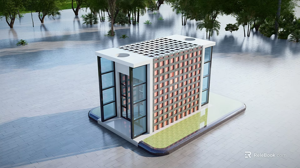 Modern Building Structure With Glass Facade Grid Roof And Surrounding Water Trees 3d model 