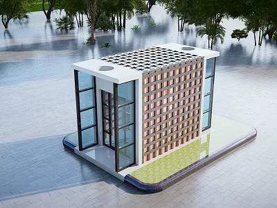 Modern Building Structure With Glass Facade Grid Roof And Surrounding Water Trees 3d model