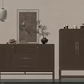 Traditional Chinese Interior With Wooden Cabinets Decorative Items And Pendant Lamp