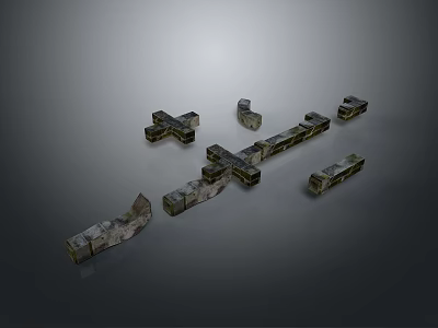 3D Rendered Decorative Stone Elements With Cross Shaped And Long Textured Pieces On Gray Background 3d model