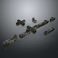 3D Rendered Decorative Stone Elements With Cross Shaped And Long Textured Pieces On Gray Background