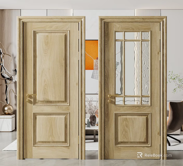 Elegant Light Wood Hinged Doors With Glass Panel And Interior Design 3d model