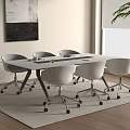 Modern Office Conference Table Interior With White Wheeled Chairs And Area Rug