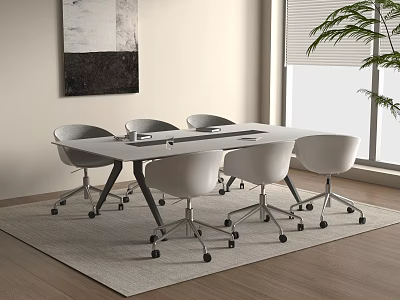 Modern Office Conference Table Interior With White Wheeled Chairs And Area Rug 3d model
