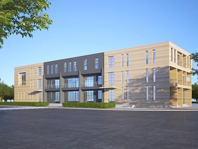 Modern Office Building Exterior With Wooden And Gray Facade Glass Windows And Greenery 3d model