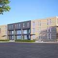 Modern Office Building Exterior With Wooden And Gray Facade Glass Windows And Greenery