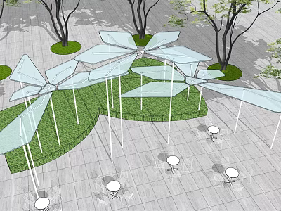 Serene Garden Landscape With Dragonfly Shaped Structures Green Lawn Trees White Round Tables And Chairs 3d model