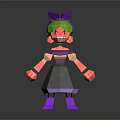 Cartoon Block Style Character With Green Hair Purple Bow And Red Arm Patterns