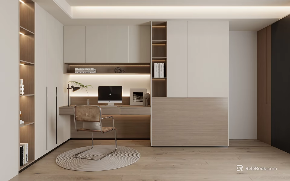 Modern Home Office Desk Area With Wooden Cabinets Computer Chair Bookshelf Plant And Lighting 3d model 