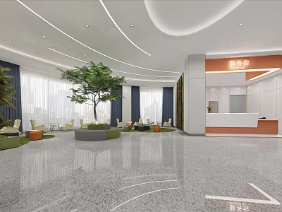Modern Lounge Area With Large Green Tree Sofas Reception Desk And Curved Ceiling 3d model