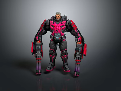 Futuristic Warrior Character In Black And Pink Mechanical Armor With Large Guns 3d model