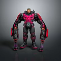 Futuristic Warrior Character In Black And Pink Mechanical Armor With Large Guns