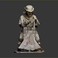 Architectural Sculpture of Construction Worker With Craft Tools and Wooden Base