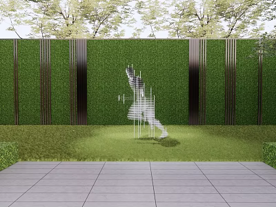 Transparent Spiral Sculpture with Green Hedge Wall Metal Strips Lawn and Stone Tile Floor 3d model
