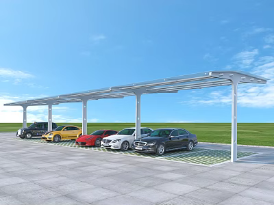 Carport Canopy for Outdoor Parking Area with Multiple Cars Parked Under Clear Blue Sky 3d model