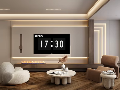 Modern Living Room Interior With TV Wall Clock Round Coffee Table And Wooden Floor 3d model