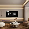 Modern Living Room Interior With TV Wall Clock Round Coffee Table And Wooden Floor