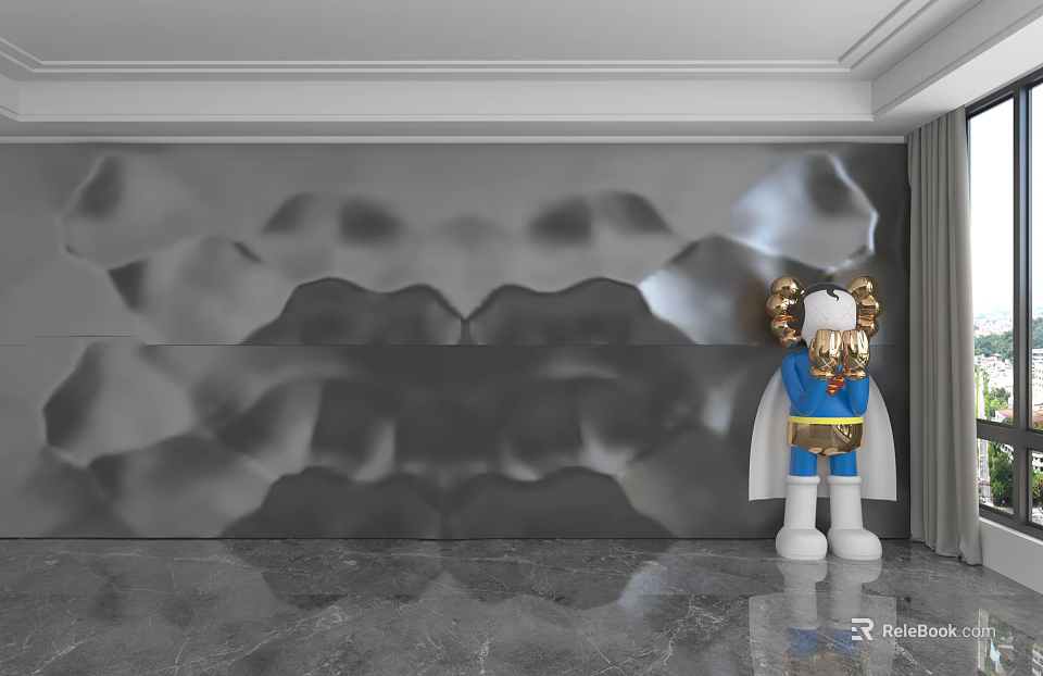 Gray Wavy Textured Background Wall With Decorative Cartoon Figurine And Marble Floor 3d model 
