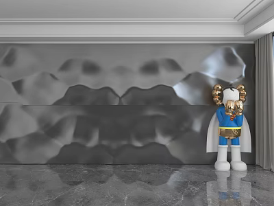 Gray Wavy Textured Background Wall With Decorative Cartoon Figurine And Marble Floor 3d model