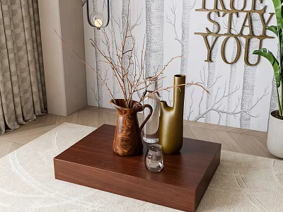 Modern Decorative Ornament Combination With Wooden Platform Vases Dried Branches And Glass Accents 3d model
