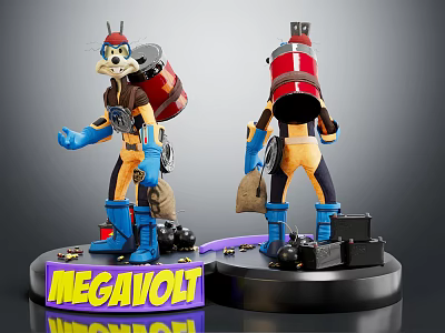 Megavolt Action Figure Two View Design With Red Black Backpack And Yellow Blue Costume 3d model