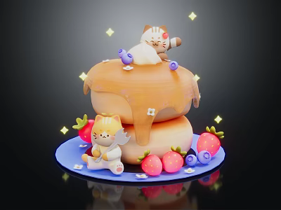 Cake Shaped Decorative Ornament Set With Cat Bear Strawberries Blueberries Honey Star Decor And Blue Base 3d model