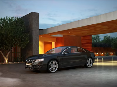 Black Luxury Sedan Exterior With Modern Architecture In Evening Parking Scene 3d model