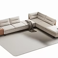 Modern Light Beige Sectional Sofa With Throw Blanket And Side Table On Gray Rug 3d model