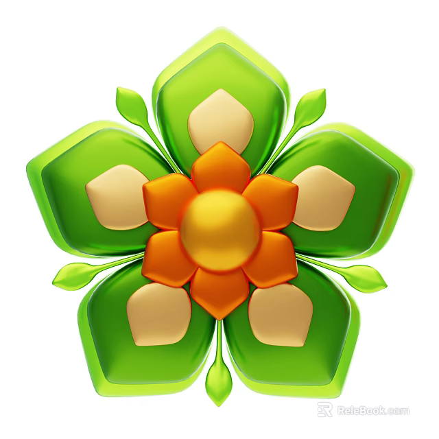 Vibrant Floral Decorative Ornament Set with Green Petals Orange Center and Yellow Core 3d model 