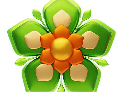 Vibrant Floral Decorative Ornament Set with Green Petals Orange Center and Yellow Core 3d model