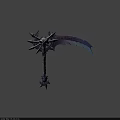 Tech Exhibition Hall Showcasing Intricate Weapon Model With Skull Spikes And Purple Blue Accents