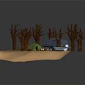 Garden Landscape With Bare Trees RV Green Tent Campfire And Boat Near Water