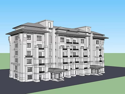 Multi Story Residential Building Architectural Sketch Design With Balconies Entrance Portico And Windows 3d model
