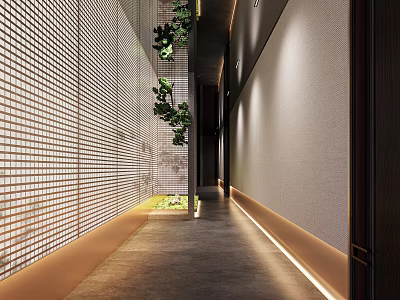 Elevator Hallway Interior With Woven Texture Wall Green Plants Smooth Floor And Warm Lighting 3d model