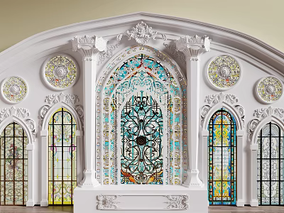 Ornate Arched Stained Glass French Windows With Decorative Circular Patterns And White Frame 3d model