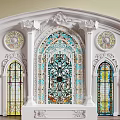 Ornate Arched Stained Glass French Windows With Decorative Circular Patterns And White Frame