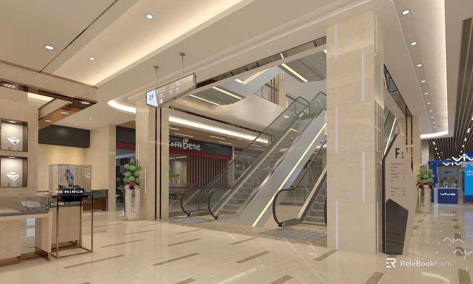 Modern Shopping Mall Lobby With Escalators Marble Pillars Ceiling Lights And Green Plants 3d model 