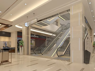 Modern Shopping Mall Lobby With Escalators Marble Pillars Ceiling Lights And Green Plants 3d model