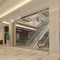 Modern Shopping Mall Lobby With Escalators Marble Pillars Ceiling Lights And Green Plants