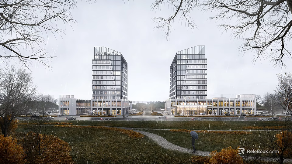 Modern Hotel Building with Tall Glass Windows Surrounded by Grass Trees in Rainy Scene 3d model 