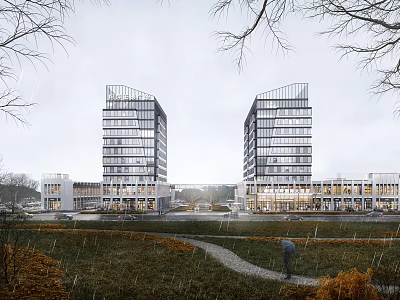 Modern Hotel Building with Tall Glass Windows Surrounded by Grass Trees in Rainy Scene 3d model