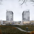 Modern Hotel Building with Tall Glass Windows Surrounded by Grass Trees in Rainy Scene