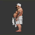 Sumo Wrestler With White Headband Big Mustache And White Loincloth Standing Barefoot On Gray Background