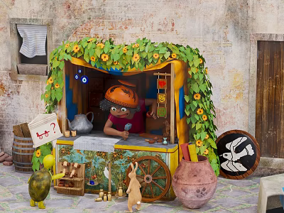 Decorated Small Stall Building With Green Vines Yellow Flowers And Clay Pots 3d model