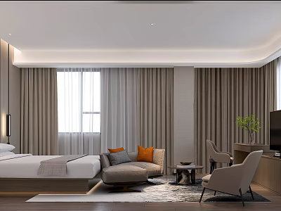 Modern Hotel Room Interior With Large Bed Sofa Armchair TV Window Curtains And Rug 3d model